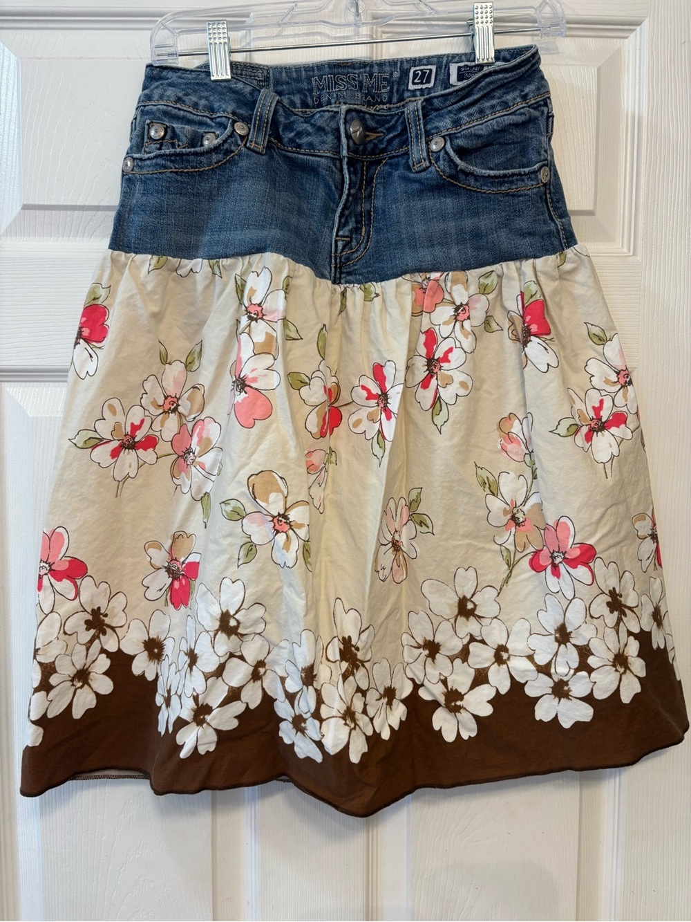 Miss Me Vintage Western/Y2K Denim-Waist Floral A-Line Skirt